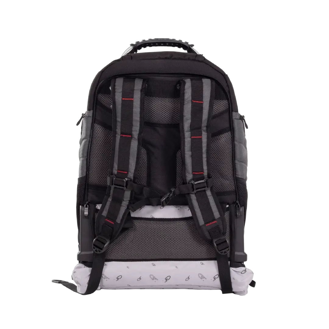 The back view of a black and gray backpack with mesh padding, padded shoulder straps, and a light gray bottom panel with small printed icons, shown on a plain white background.