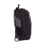 A black and gray rolling suitcase with an extended telescoping handle and a single wheel, shown from a side profile view against a plain white background.