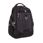 Black backpack with multiple compartments with many zippers and also a handle at the top.