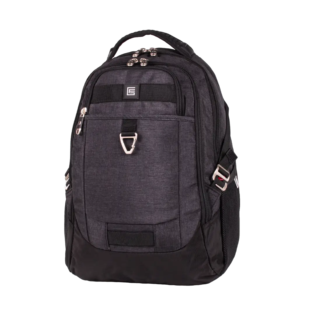 A dark gray and black backpack with multiple zippered compartments, side pockets, and silver-tone hardware, shown on a plain white background.