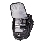 Front pocket of a grey backpack showing multiple compartments within one main compartment filled with everyday items.