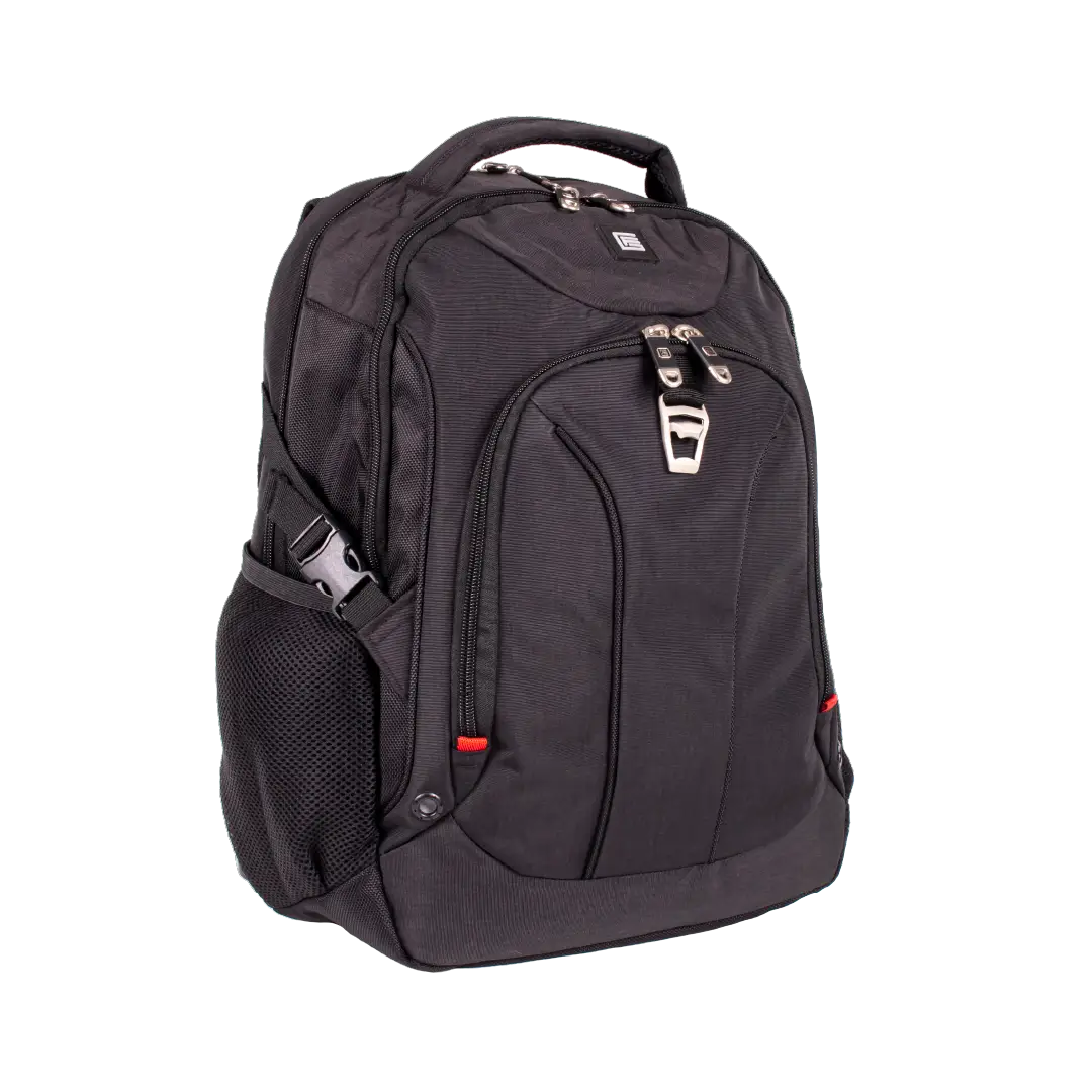 A black nylon laptop backpack with multiple zippered compartments, a side mesh pocket, and silver-tone hardware, shown on a plain white background.