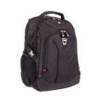 A black nylon laptop backpack with multiple zippered compartments, a side mesh pocket, and silver-tone hardware, shown on a plain white background.