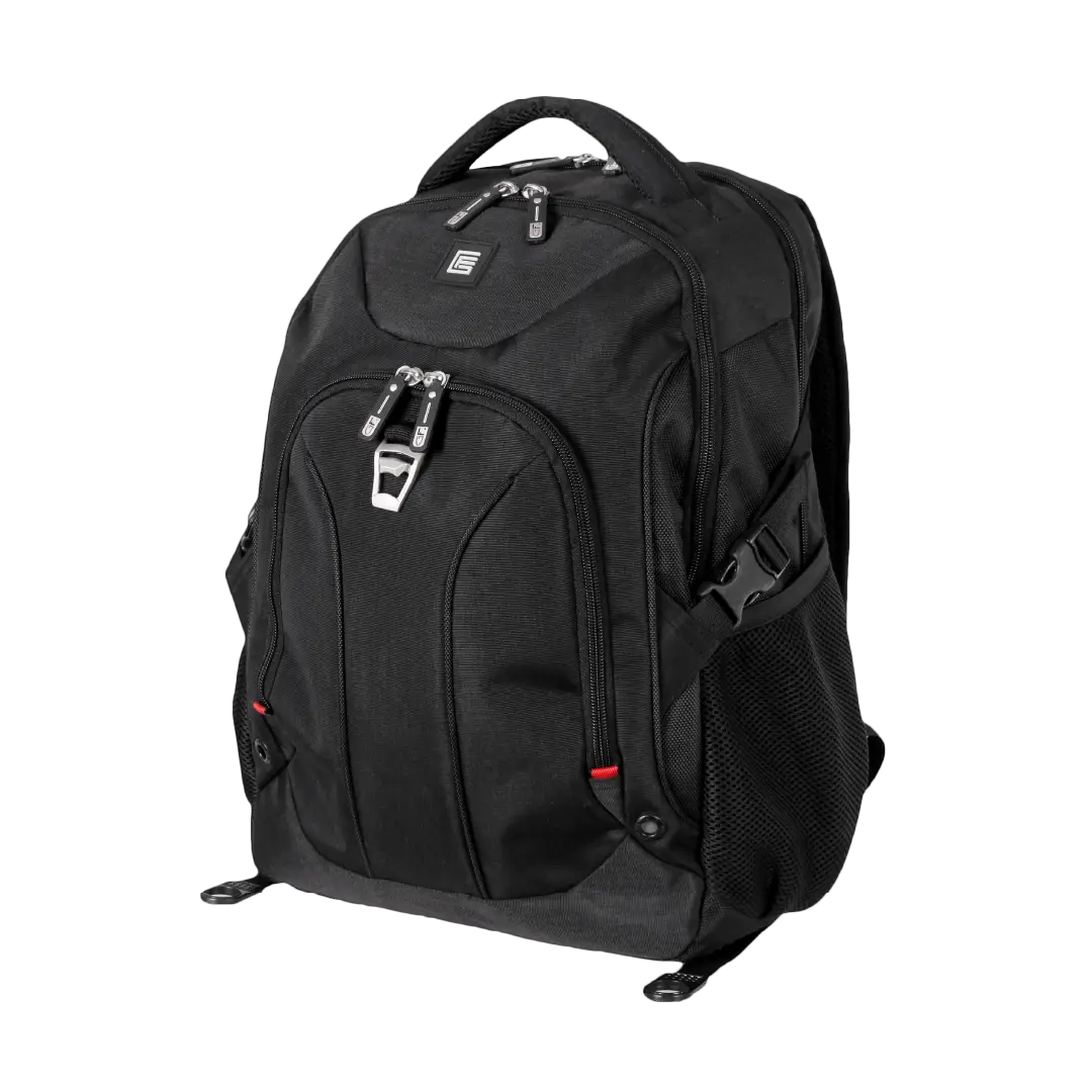 A black nylon laptop backpack with multiple zippered compartments, a top carry handle, and a side mesh pocket, shown on a plain white background.