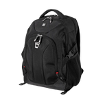 A black nylon laptop backpack with multiple zippered compartments, a top carry handle, and a side mesh pocket, shown on a plain white background.