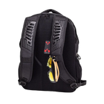 Black mesh backpack shown from the back, featuring textured black shoulder straps, a red and black logo patch, and a side pocket holding yellow-tinted sunglasses, on a white background.