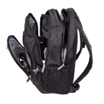 A black technical backpack shown open, revealing multiple compartments, padded shoulder straps, a mesh side pocket, and internal storage with electronic equipment inside, set against a plain white background.