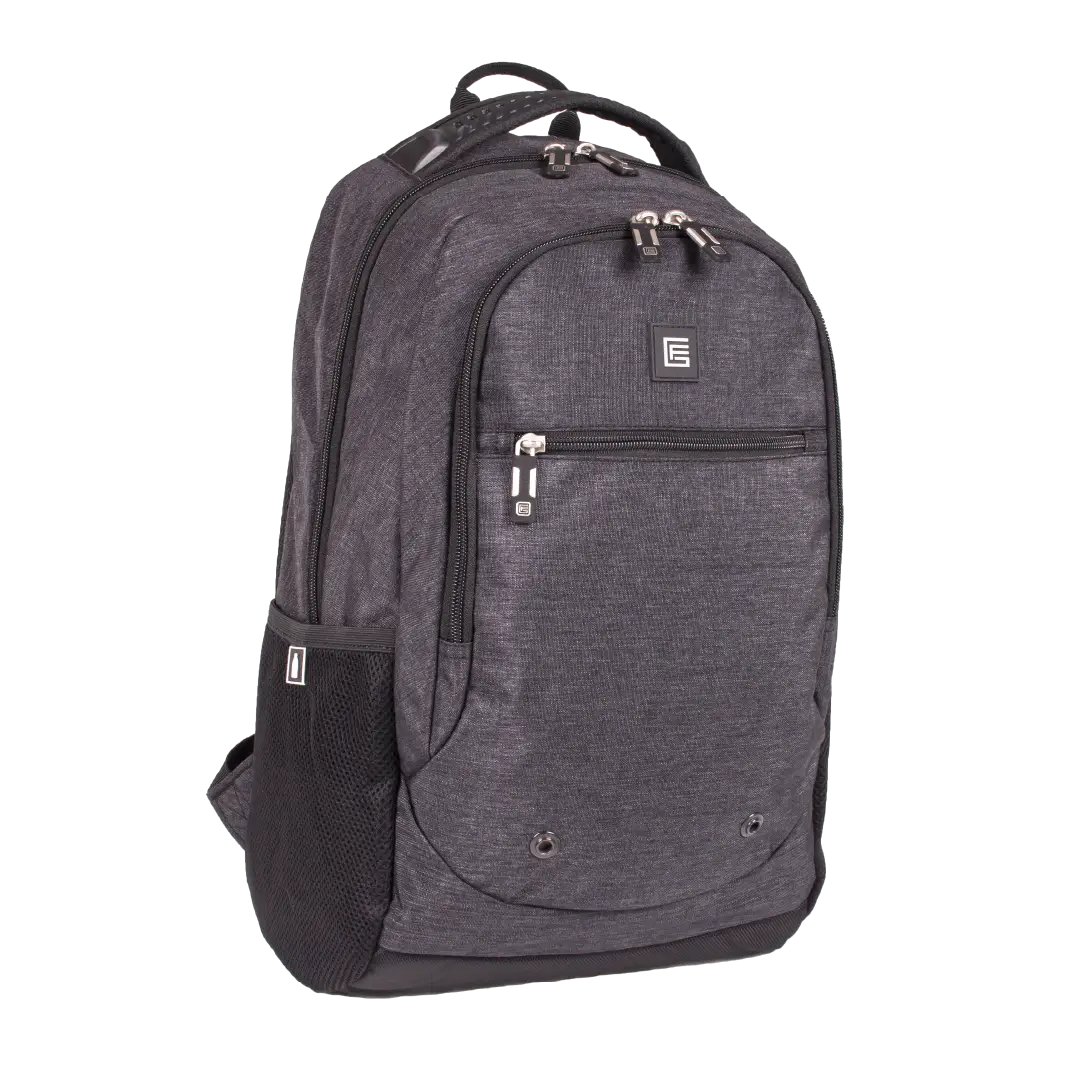 A dark gray heathered backpack with black accents, including a black mesh side pocket and black zippers, shown on a plain white background.