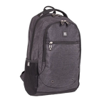A dark gray heathered backpack with black accents, including a black mesh side pocket and black zippers, shown on a plain white background.