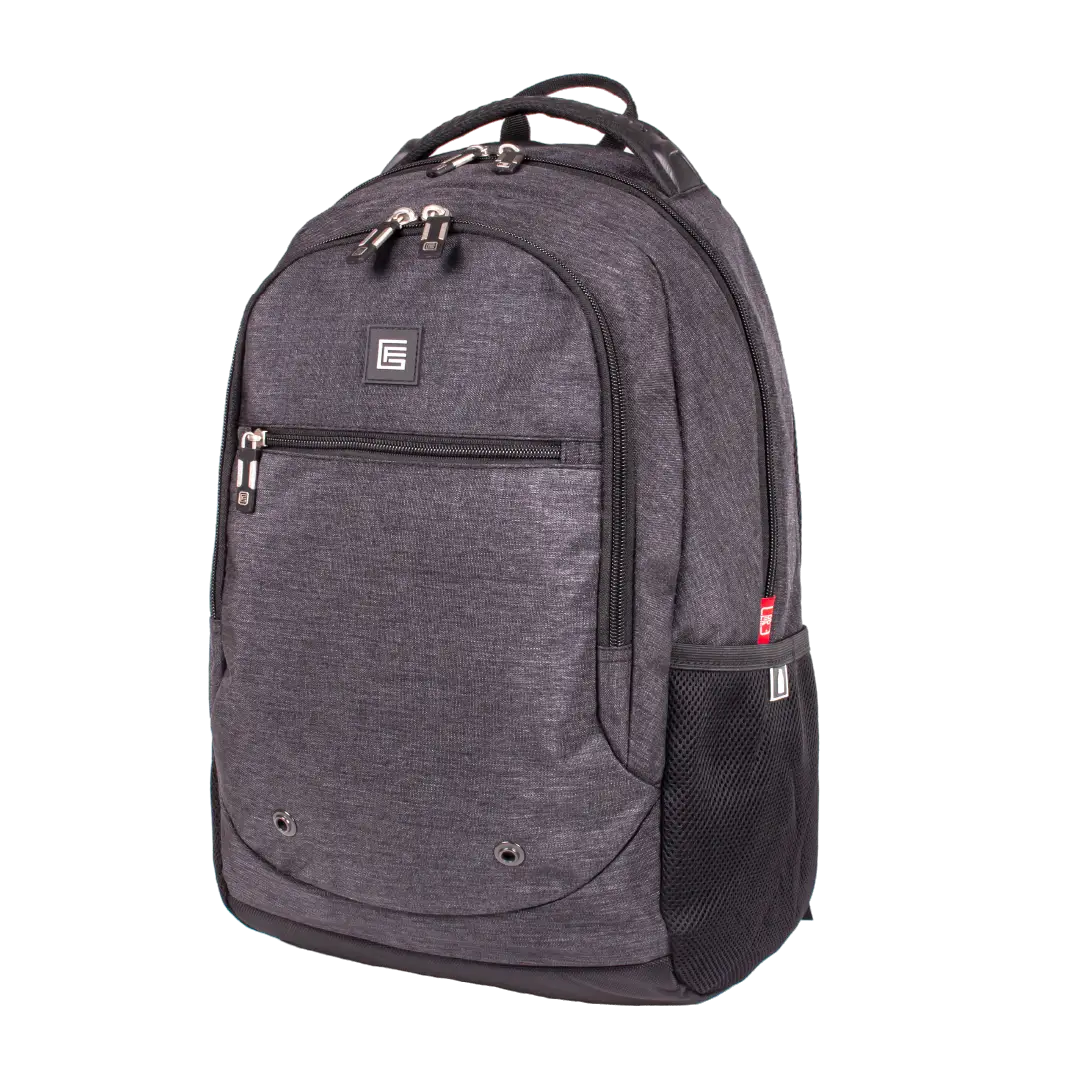 A dark gray heather backpack with black accents, featuring a front zippered pocket, a side mesh pocket, and a small square logo patch on the front, shown against a plain white background.