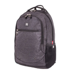 A dark gray heather backpack with black accents, featuring a front zippered pocket, a side mesh pocket, and a small square logo patch on the front, shown against a plain white background.