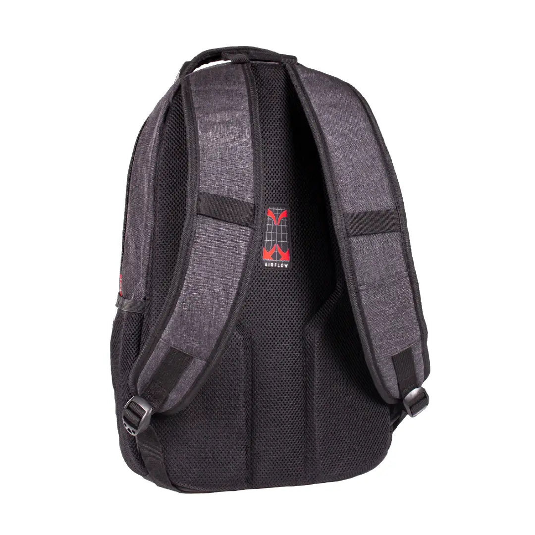 The back view of a black and dark gray mesh backpack with padded shoulder straps and a red and white logo on the center back, set against a plain white background.