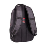 The back view of a black and dark gray mesh backpack with padded shoulder straps and a red and white logo on the center back, set against a plain white background.