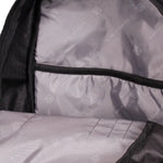 Close-up of the interior of a backpack showing a light gray nylon lining with black trim, a zippered pocket, and a black mesh side panel. A repeating 'GINO FERRARI' watermark is visible across the lining.