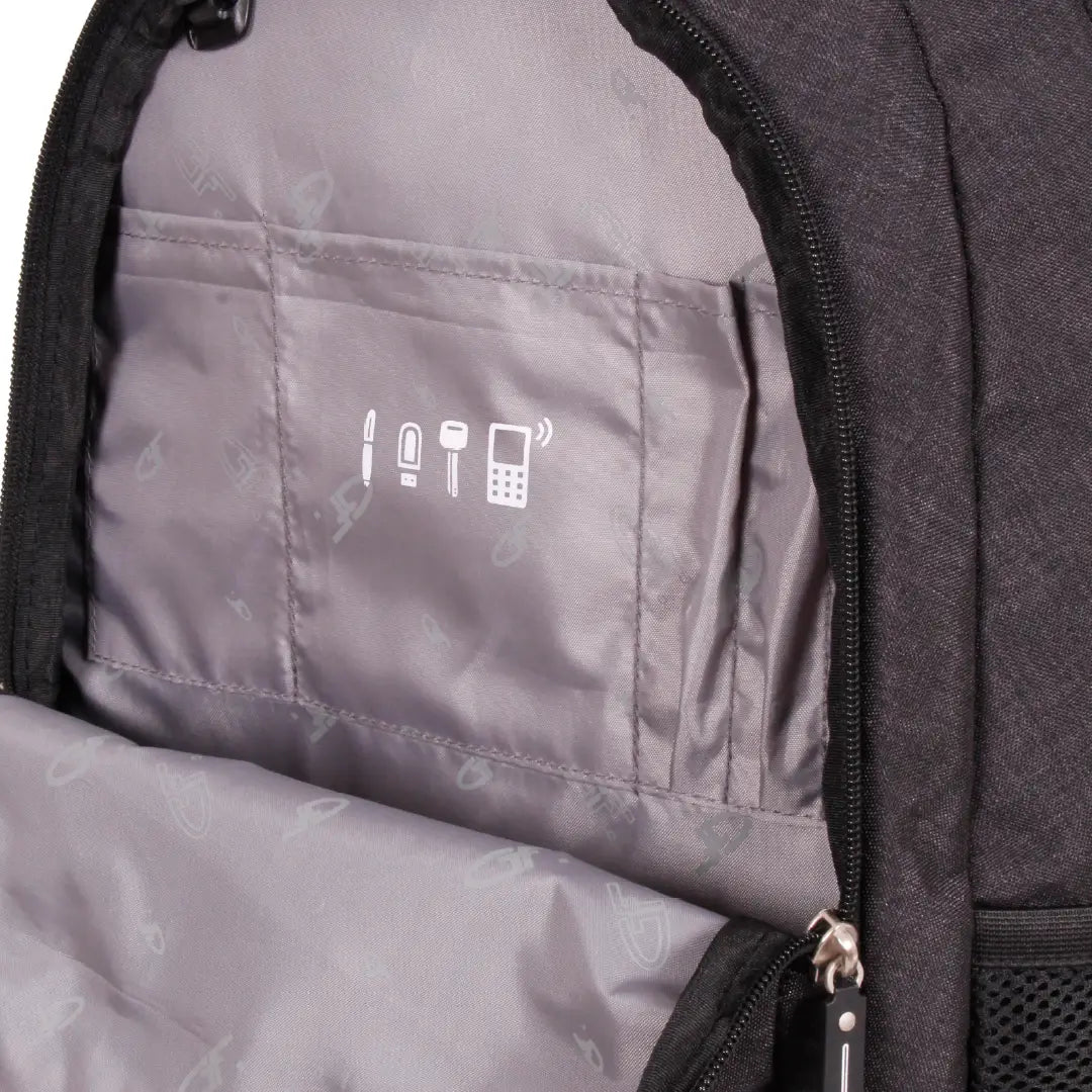 Close-up of the interior of a dark gray backpack, showing a zippered compartment with a gray fabric lining and white printed device icons indicating compatible sizes.