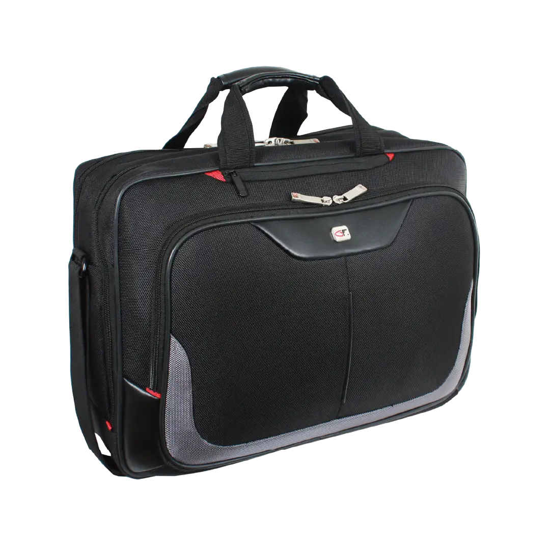 A black laptop briefcase with gray and red accents, featuring dual top handles, a front zippered pocket, and a small rectangular logo badge, shown on a plain white background.