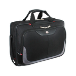 A black laptop briefcase with gray and red accents, featuring dual top handles, a front zippered pocket, and a small rectangular logo badge, shown on a plain white background.