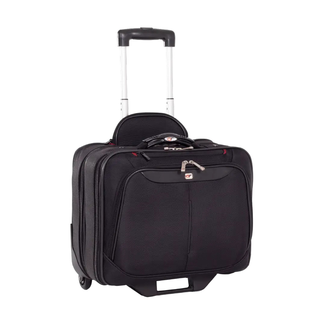 A black rolling suitcase with an extended telescoping handle, shown on a plain white background. The suitcase features a front zippered pocket with a silver zipper pull, a top carry handle, and a hard-shell side compartment.