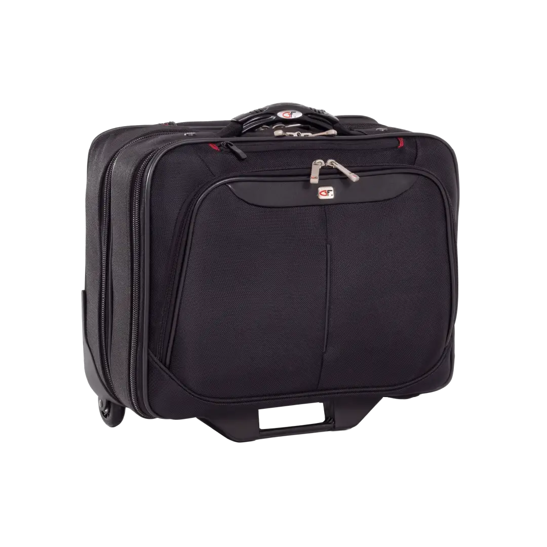 A black softside spinner suitcase with a front zippered pocket, top carry handle, and telescoping wheel base, photographed on a plain white background.