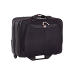 A black softside spinner suitcase with a front zippered pocket, top carry handle, and telescoping wheel base, photographed on a plain white background.