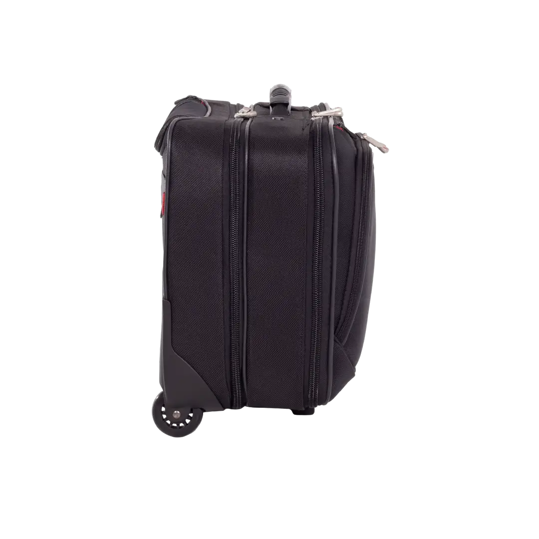 A black hard-shell carry-on suitcase with dual zippers, a telescoping handle, and a spinner wheel, shown from a side profile view on a plain white background.