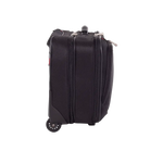A black hard-shell carry-on suitcase with dual zippers, a telescoping handle, and a spinner wheel, shown from a side profile view on a plain white background.