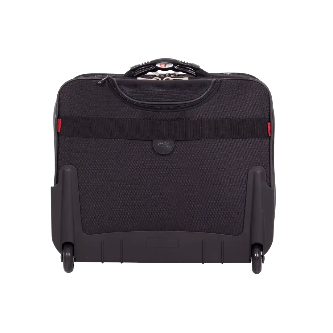 A black rolling suitcase shown from the back, featuring a top handle, a horizontal compression strap on a plain white background.