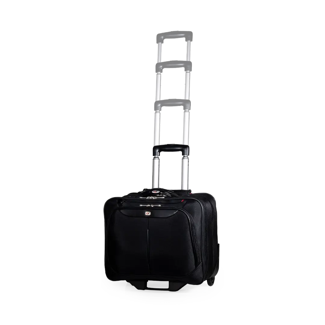 A black rolling suitcase with an extended silver telescoping handle and gray grip controls, shown on a plain white background.