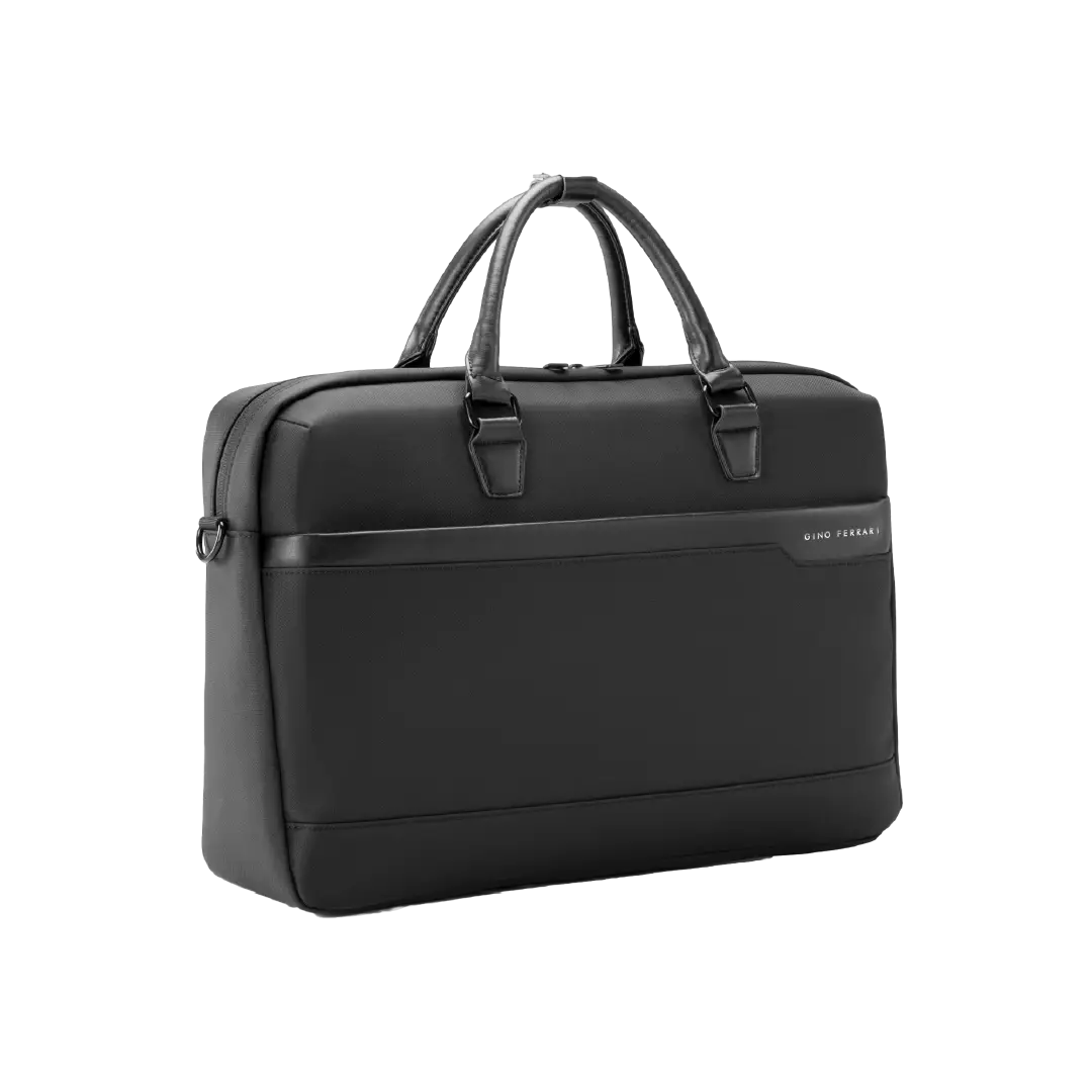 Black work bag with handles on a white background