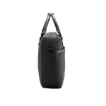 A black leather shoulder bag shown from the side profile against a solid white background.