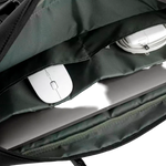Close-up of a dark green laptop bag's interior showing a white mouse, a gray laptop, and white earbud charging cases in the compartments.