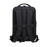 The back view of a black backpack, showing padded shoulder straps, compression buckles, a top carry handle, and a zippered side pocket, isolated on a white background.