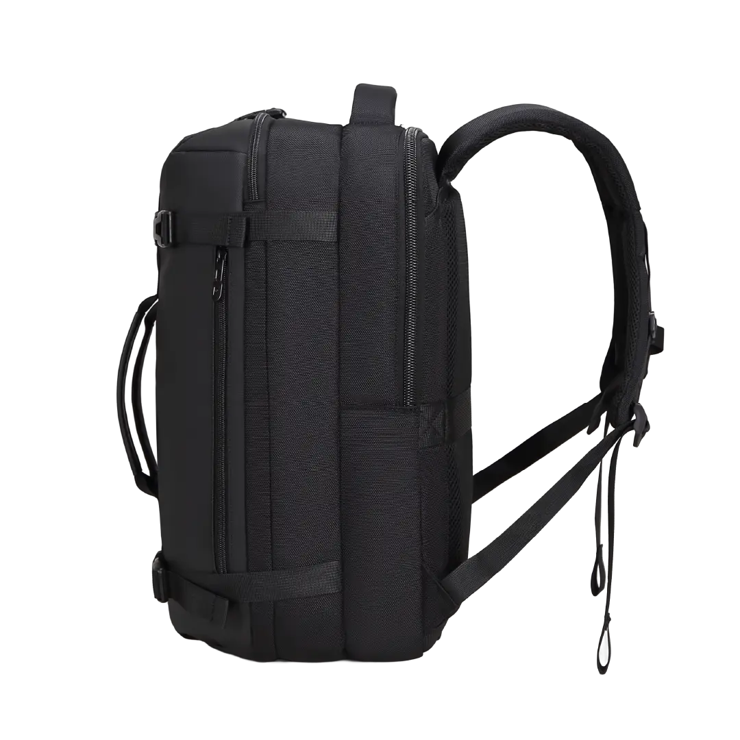A black tactical-style backpack shown from a side profile view against a solid white background.