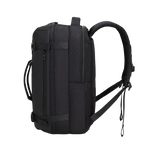 A black tactical-style backpack shown from a side profile view against a solid white background.