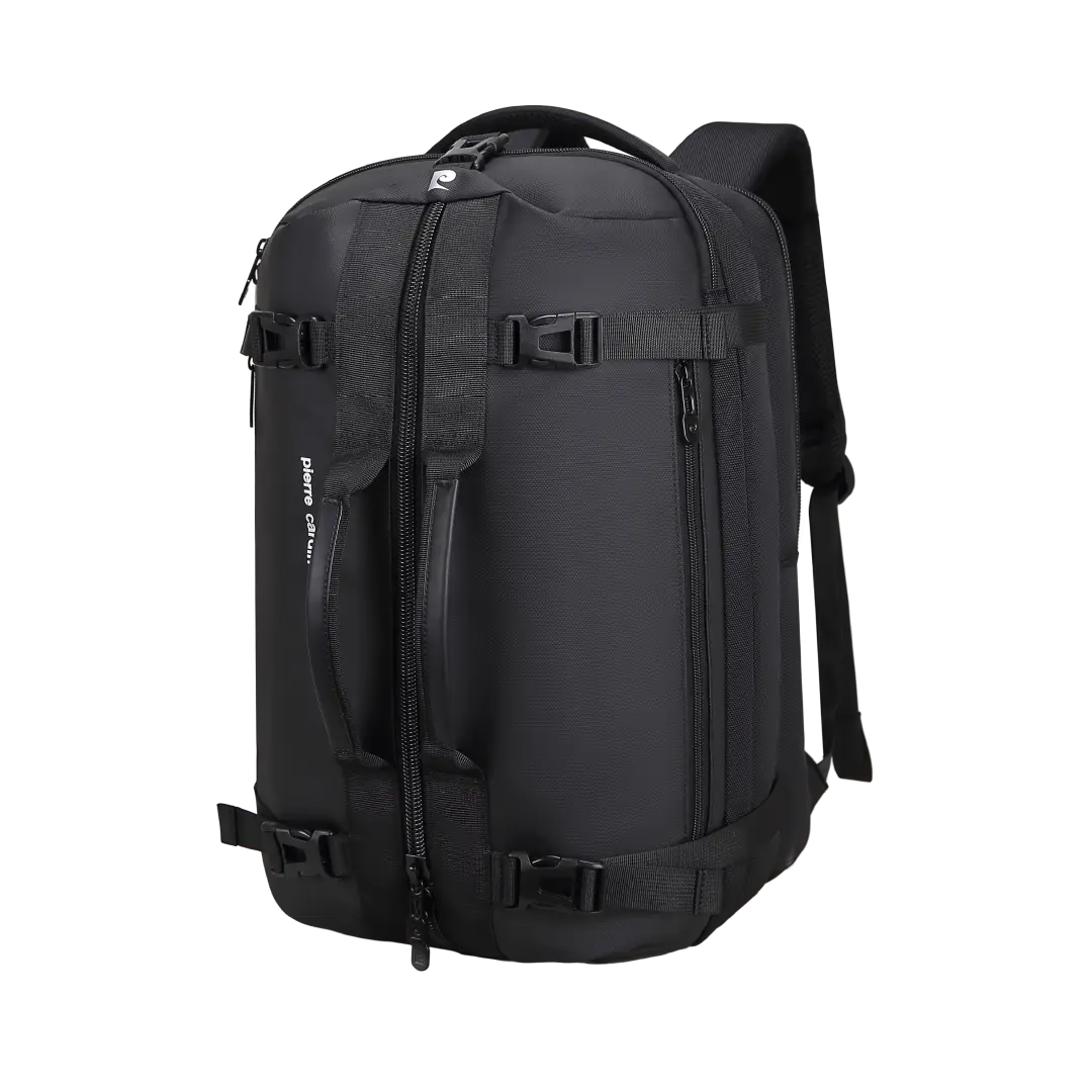 A black multi-compartment travel backpack with multiple zippers, compression straps, and padded shoulder straps, shown from a three-quarters angle on a solid white background.
