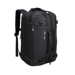 A black backpack with multiple zippered compartments and adjustable straps, shown from a three-quarter angle on a solid white background.