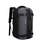 A gray and black Piquadro backpack with multiple zippered compartments, compression straps, and padded shoulder straps, shown on a plain white background.