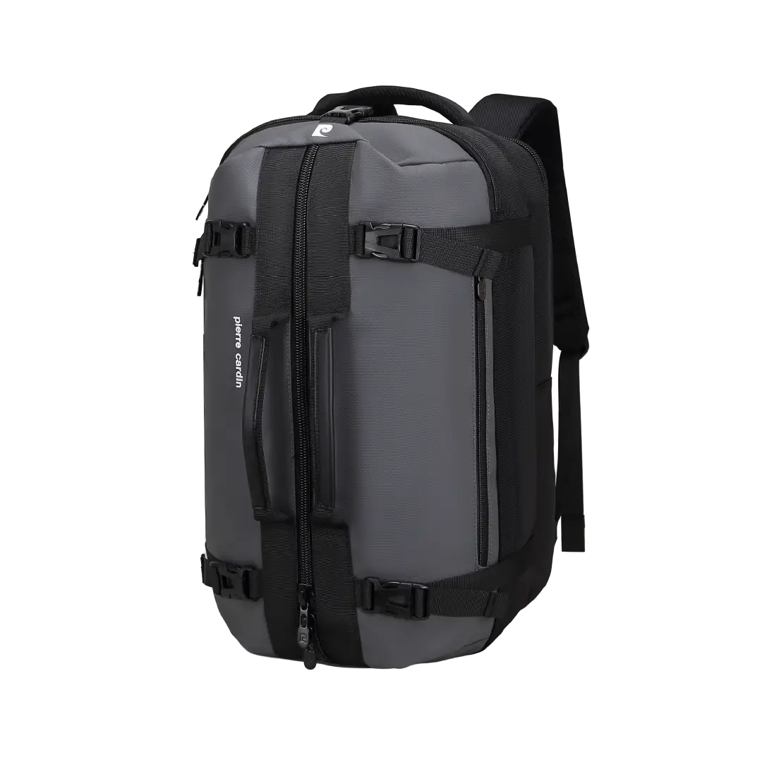 A gray and black waterproof backpack with multiple compression straps and a top carry handle, shown on a plain white background.