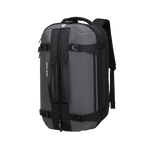 A gray and black waterproof backpack with multiple compression straps and a top carry handle, shown on a plain white background.