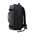 A black and grey backpack shown from the side profile on a solid white background.
