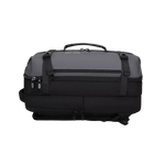 A dark gray and black soft-sided duffel bag with a top carry handle, multiple zippered compartments, and side compression straps, shown on a plain white background.