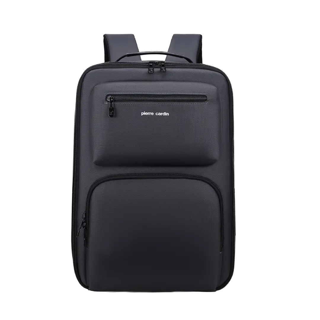 Black backpack with 'Pierre Cardin' branding on a white background