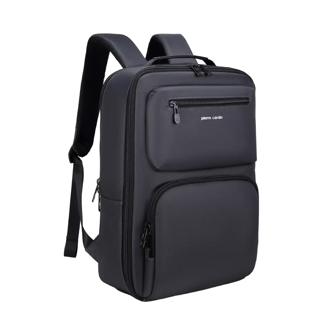 A dark gray backpack with multiple zippered compartments and padded shoulder straps, shown on a plain white background. The brand name 'pierre cardin' is printed in white on the front pocket.