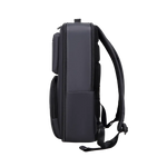 A dark navy blue backpack shown from the side profile against a solid white background.