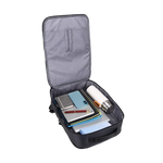 An open gray and black laptop backpack shown on a white background, filled with notebooks, a tablet, a phone, a pen, and a white bottle.