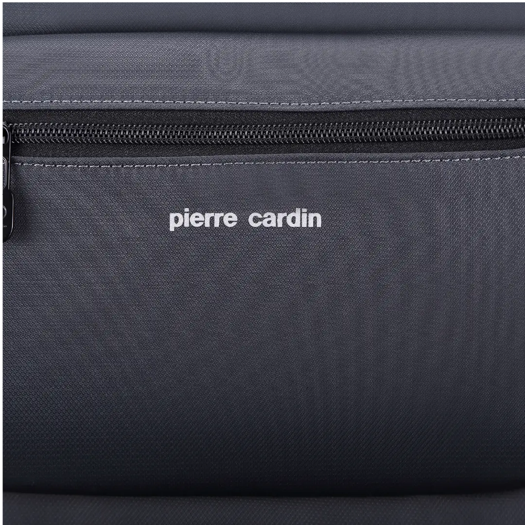 Close-up of a dark gray textured fabric bag with a black zipper and white 'pierre cardin' branding on the front.