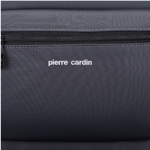 Close-up of a dark gray textured fabric bag with a black zipper and white 'pierre cardin' branding on the front.