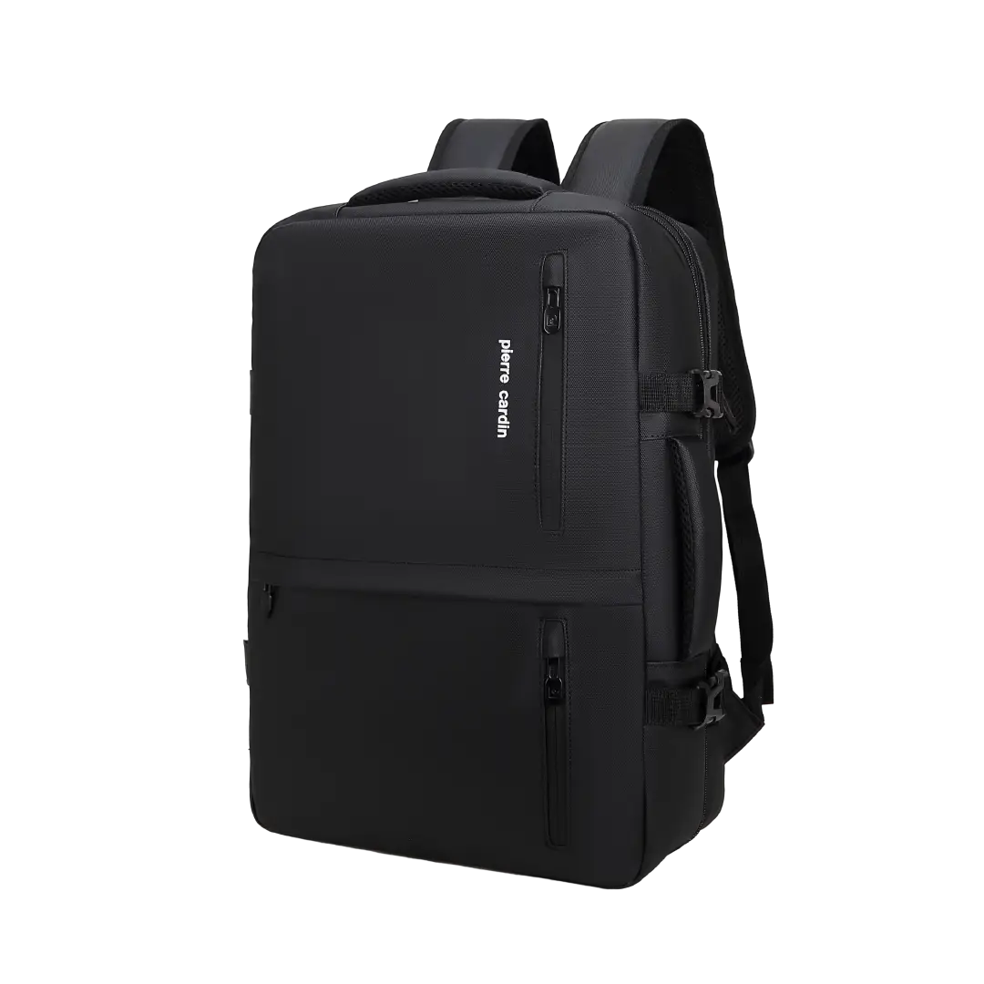 Black backpack with 'Pierre Cardin' branding on a white background