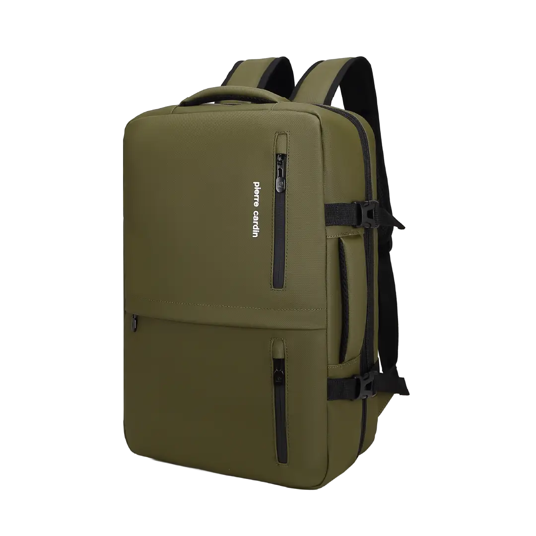 An olive green backpack with black straps, zippers, and buckles, shown from a three-quarter angle on a solid white background. The brand name 'Pierre Cardin' is printed vertically on the front pocket.