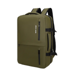 An olive green backpack with black straps, zippers, and buckles, shown from a three-quarter angle on a solid white background. The brand name 'Pierre Cardin' is printed vertically on the front pocket.